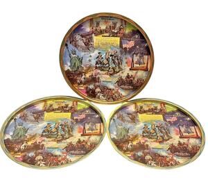 Vtg Bicentennial USA History Patriotic Gold Multicolored 11” Round Tin Trays